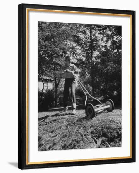 American Boy Mows Lawns to Earn Extra Money During Summer Months, He Gets Jobs Thru Newspaper Ads-Walter Sanders-Framed Photographic Print