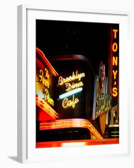 American Brooklyn Diner Cafe at Times Square by Night, Manhattan, NYC, US, USA, Vintage Colors-Philippe Hugonnard-Framed Photographic Print