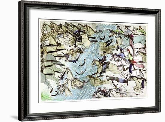 American Cavalry Retreating across a River Pursued by Native American Warriors, C1900-null-Framed Giclee Print
