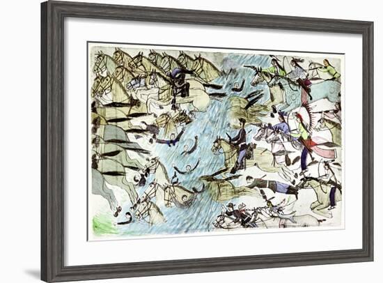 American Cavalry Retreating across a River Pursued by Native American Warriors, C1900-null-Framed Giclee Print