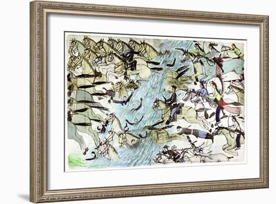 American Cavalry Retreating across a River Pursued by Native American Warriors, C1900-null-Framed Giclee Print