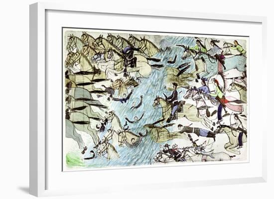 American Cavalry Retreating across a River Pursued by Native American Warriors, C1900-null-Framed Giclee Print