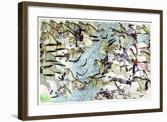 American Cavalry Retreating across a River Pursued by Native American Warriors, C1900-null-Framed Giclee Print