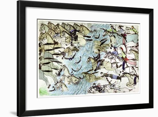 American Cavalry Retreating across a River Pursued by Native American Warriors, C1900-null-Framed Giclee Print