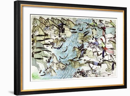 American Cavalry Retreating across a River Pursued by Native American Warriors, C1900-null-Framed Giclee Print