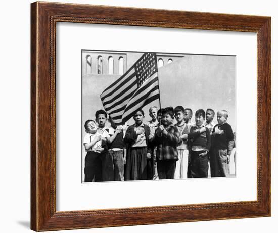 American Children of Japanese, German and Italian Heritage, Pledging Allegiance to the Flag-Dorothea Lange-Framed Premium Photographic Print