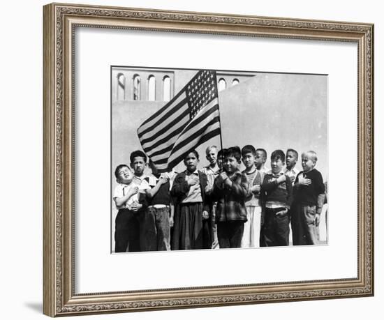 American Children of Japanese, German and Italian Heritage, Pledging Allegiance to the Flag-Dorothea Lange-Framed Premium Photographic Print