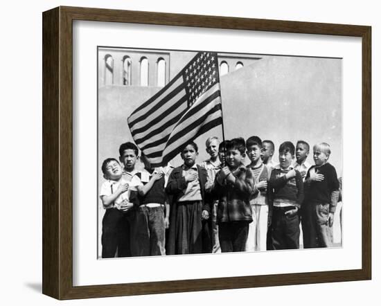 American Children of Japanese, German and Italian Heritage, Pledging Allegiance to the Flag-Dorothea Lange-Framed Photographic Print