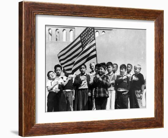 American Children of Japanese, German and Italian Heritage, Pledging Allegiance to the Flag-Dorothea Lange-Framed Photographic Print