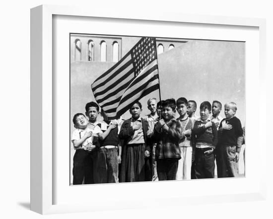 American Children of Japanese, German and Italian Heritage, Pledging Allegiance to the Flag-Dorothea Lange-Framed Photographic Print