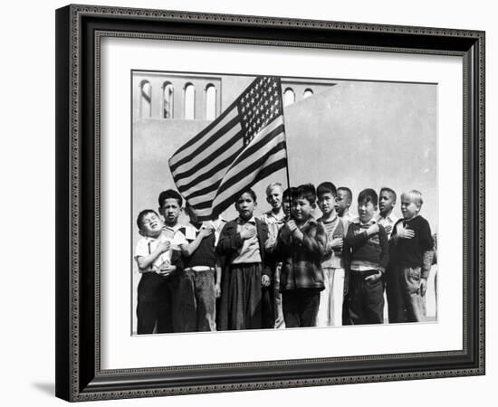 American Children of Japanese, German and Italian Heritage, Pledging Allegiance to the Flag-Dorothea Lange-Framed Photographic Print