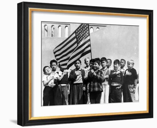 American Children of Japanese, German and Italian Heritage, Pledging Allegiance to the Flag-Dorothea Lange-Framed Photographic Print