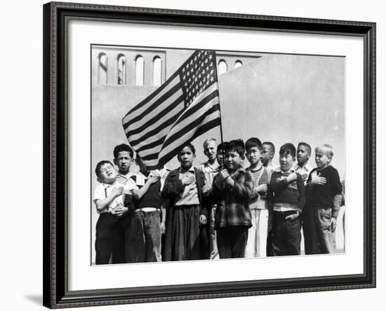 American Children of Japanese, German and Italian Heritage, Pledging Allegiance to the Flag-Dorothea Lange-Framed Photographic Print