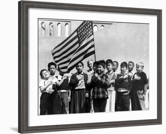 American Children of Japanese, German and Italian Heritage, Pledging Allegiance to the Flag-Dorothea Lange-Framed Photographic Print