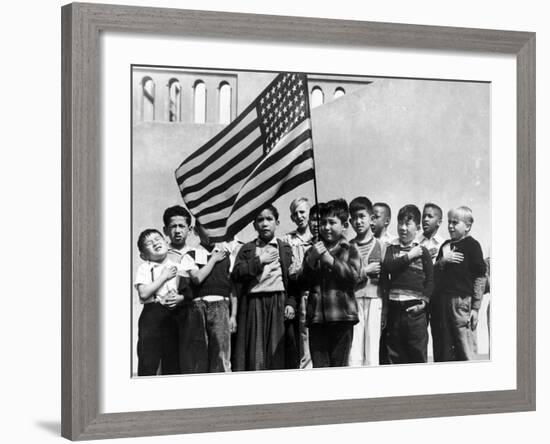 American Children of Japanese, German and Italian Heritage, Pledging Allegiance to the Flag-Dorothea Lange-Framed Photographic Print