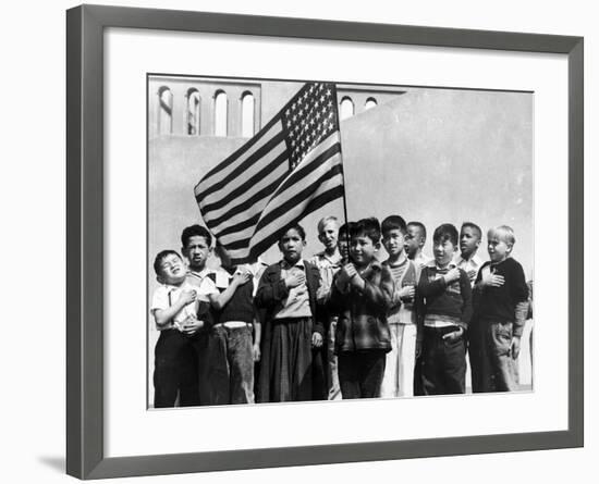 American Children of Japanese, German and Italian Heritage, Pledging Allegiance to the Flag-Dorothea Lange-Framed Photographic Print