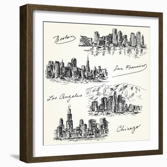 American Cities Skylines - Hand Drawn Set-canicula-Framed Art Print