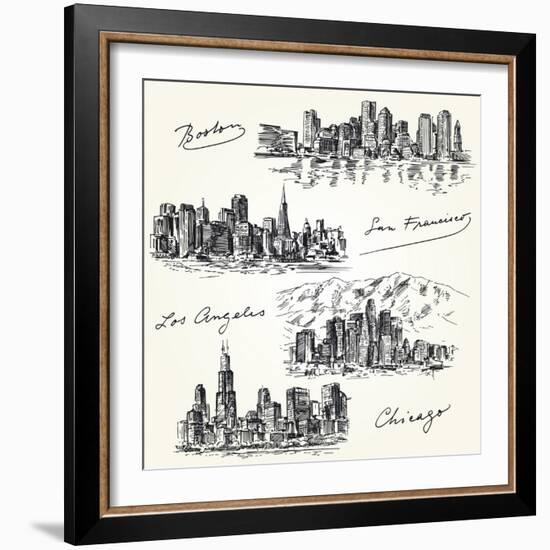 American Cities Skylines - Hand Drawn Set-canicula-Framed Art Print