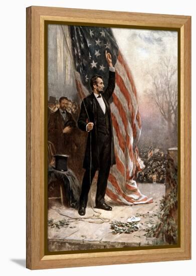 American Civil War Painting of President Abraham Lincoln Holding the American Flag-null-Framed Stretched Canvas