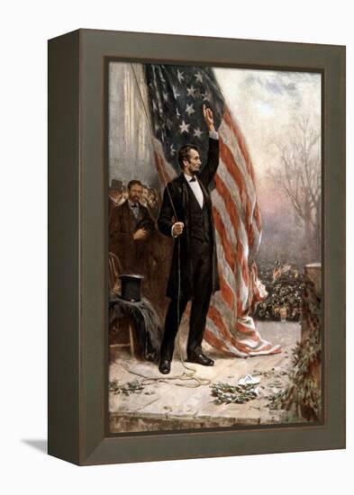 American Civil War Painting of President Abraham Lincoln Holding the American Flag-null-Framed Stretched Canvas