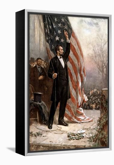 American Civil War Painting of President Abraham Lincoln Holding the American Flag-null-Framed Stretched Canvas