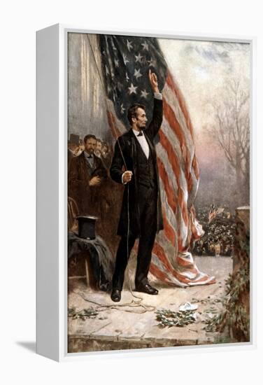 American Civil War Painting of President Abraham Lincoln Holding the American Flag-null-Framed Stretched Canvas