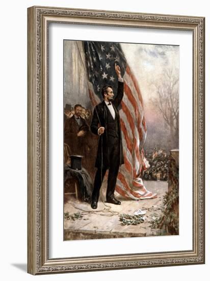 American Civil War Painting of President Abraham Lincoln Holding the American Flag-null-Framed Premium Giclee Print