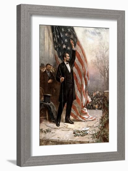 American Civil War Painting of President Abraham Lincoln Holding the American Flag-null-Framed Premium Giclee Print