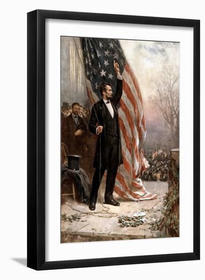 American Civil War Painting of President Abraham Lincoln Holding the American Flag-null-Framed Premium Giclee Print