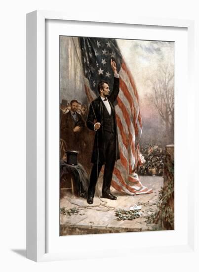 American Civil War Painting of President Abraham Lincoln Holding the American Flag-null-Framed Premium Giclee Print