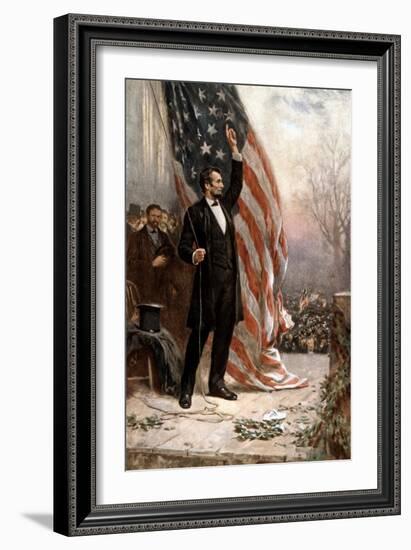 American Civil War Painting of President Abraham Lincoln Holding the American Flag-null-Framed Premium Giclee Print