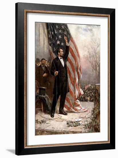 American Civil War Painting of President Abraham Lincoln Holding the American Flag-null-Framed Art Print