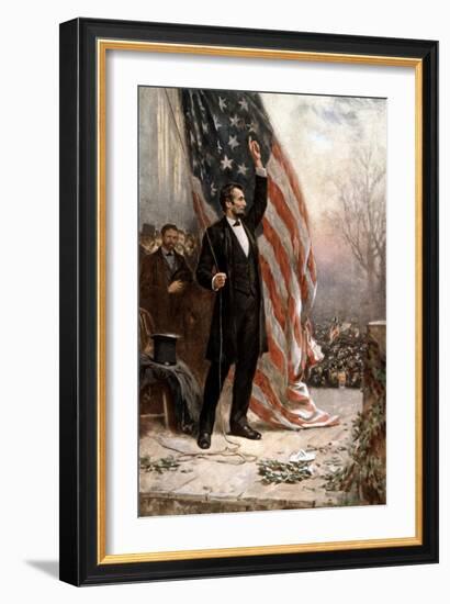 American Civil War Painting of President Abraham Lincoln Holding the American Flag-null-Framed Art Print