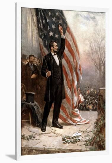 American Civil War Painting of President Abraham Lincoln Holding the American Flag-null-Framed Art Print