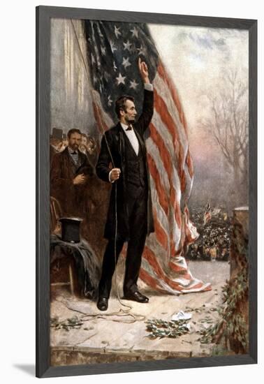 American Civil War Painting of President Abraham Lincoln Holding the American Flag-null-Framed Art Print