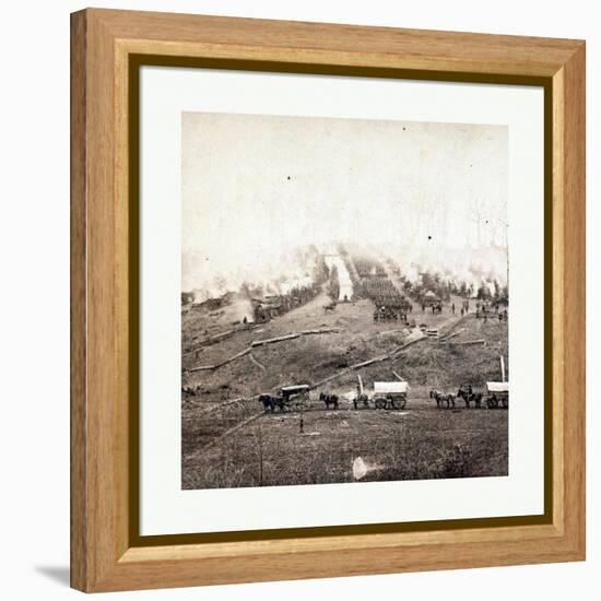 American Civil War: Three Horse-Drawn Covered Wagons in the Foreground. Soldiers Marching in Format-null-Framed Premier Image Canvas