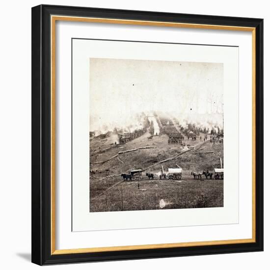 American Civil War: Three Horse-Drawn Covered Wagons in the Foreground. Soldiers Marching in Format-null-Framed Giclee Print