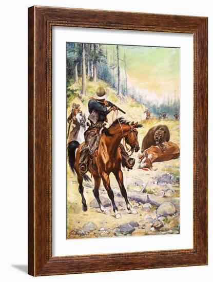 American Cowboys Surround a Bear Crouched over the Body of a Cow-Stanley L. Wood-Framed Giclee Print