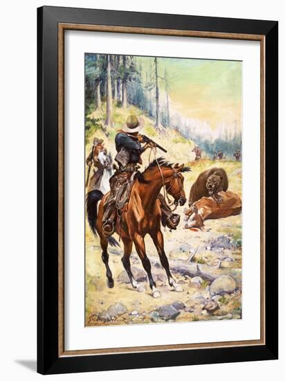 American Cowboys Surround a Bear Crouched over the Body of a Cow-Stanley L. Wood-Framed Giclee Print