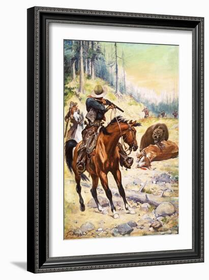 American Cowboys Surround a Bear Crouched over the Body of a Cow-Stanley L. Wood-Framed Giclee Print