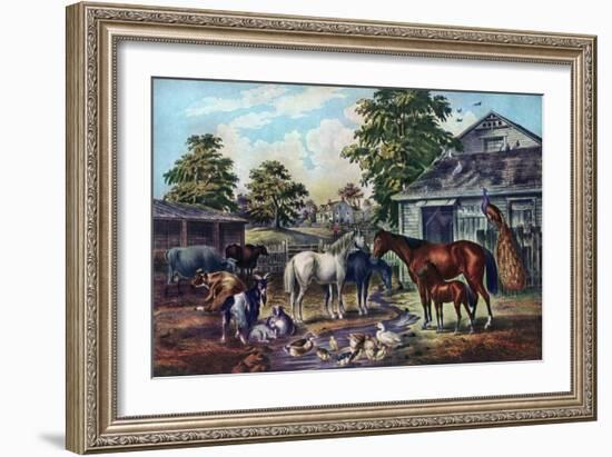 American Farm Yard in the Morning, 1857-Currier & Ives-Framed Giclee Print