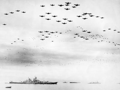 American Fighter Fly in Formation over the Uss Missouri During Surrender  Ceremonies