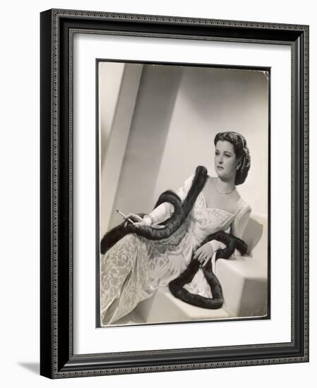 American Film Star Joan Bennett Models a Dress She Wears in Her Latest Picture "Girl Trouble"-null-Framed Art Print