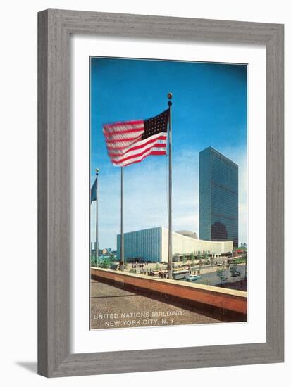 American Flag and United Nations Buildings, New York City-null-Framed Art Print