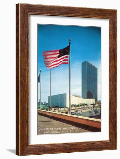 American Flag and United Nations Buildings, New York City-null-Framed Art Print