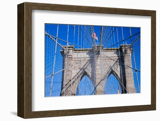 American flag flying over Brooklyn Bridge, New York City, New York-null-Framed Photographic Print