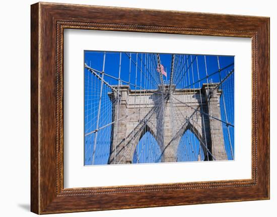 American flag flying over Brooklyn Bridge, New York City, New York-null-Framed Photographic Print