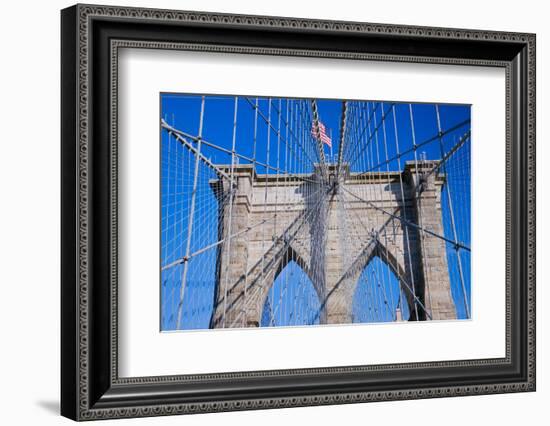 American flag flying over Brooklyn Bridge, New York City, New York-null-Framed Photographic Print