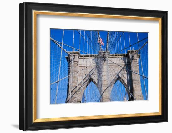 American flag flying over Brooklyn Bridge, New York City, New York-null-Framed Photographic Print