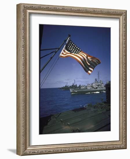 American Flag Flying over Us Navy Ships at Sea-null-Framed Photographic Print